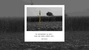 Bild einer einzelnen grünen Maispflanze in einem ansonsten abgemähten Feld. Text darunter: Um unsersetzbar zu sein, muss man stets anders sein. Coco Chanel