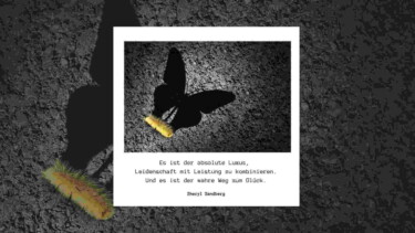 Bild zeigt eine Raupe, die einen Schatten in Form eines Schmetterlings wirft. Text darunter: Es ist der absolute Luxus, Leidenschaft mit Leistung zu kombinieren. Und es ist der wahre Weg zum Glück. Sheryl Sandberg