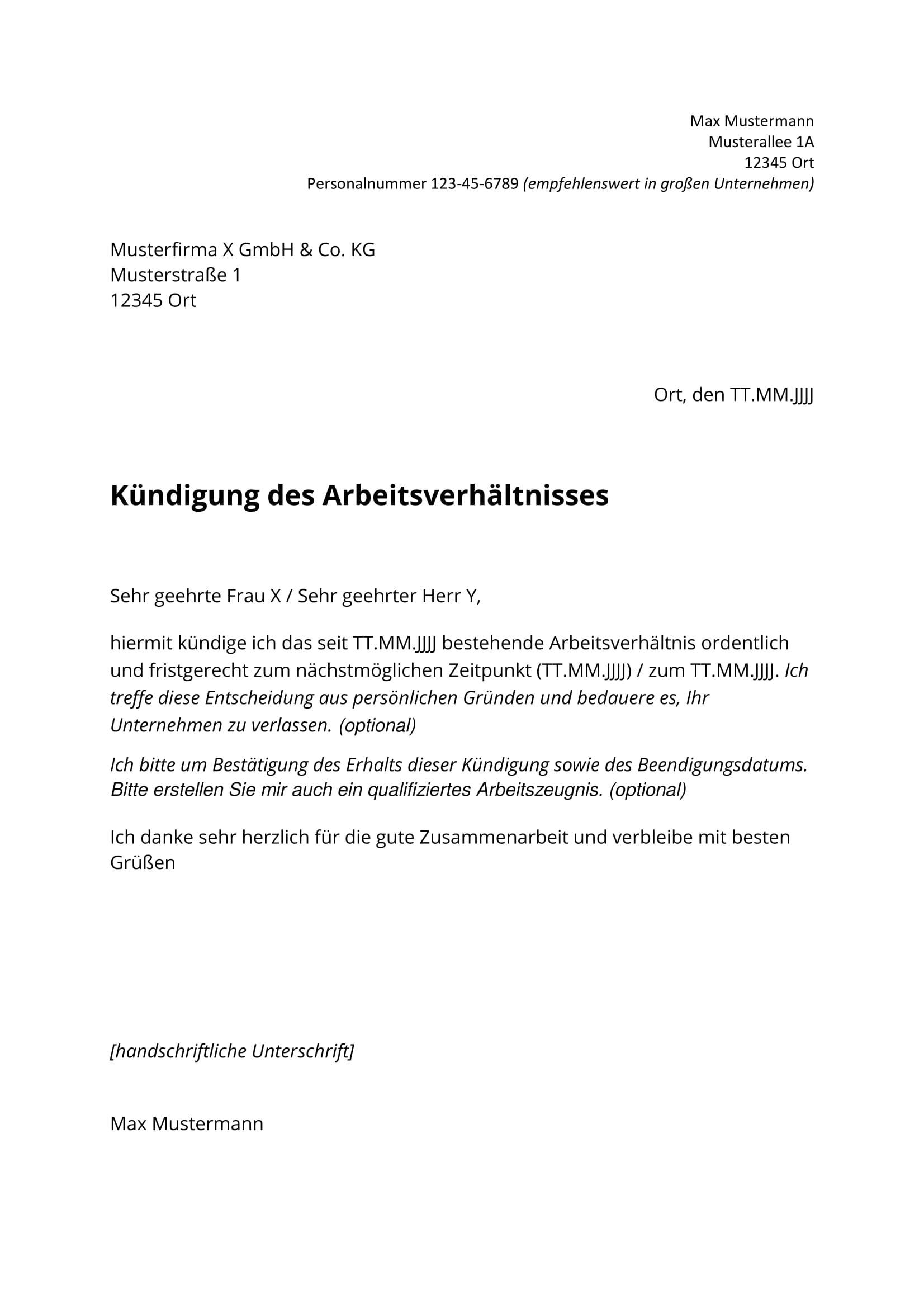 Kündigung Vorlage und Vorschriften für Arbeitnehmer und geber e