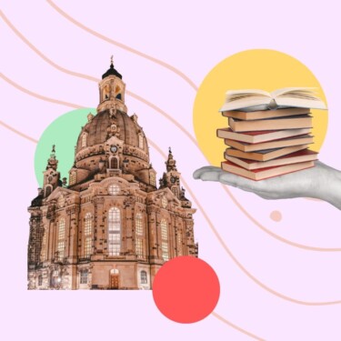 Frauenkirche in Dresden und Hand, die Bücher hält