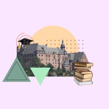 Das Marburger Schloss mit einem Doktorhut und einem Stapel Bücher