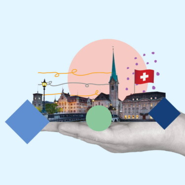 Das Stadtzentrum von Zürich, gehalten von einer riesigen Hand