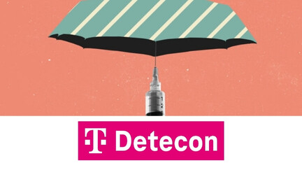 Spritze mit einem Regenschirm. Darunter das Logo von Detecon