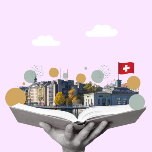 Das Stadtzentrum von Genf auf einem riesigen aufgeschlagenen Buch