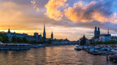 Zürich, See, Kirchen, Gebäude, Boote, Wolken, Abendhimmel, Sonnenuntergang