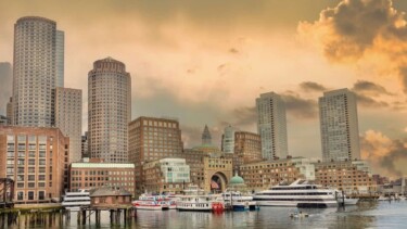 Boston, Hochhäuser, Hafen, Schiffe, Wolken