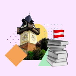Der Uhrturm in Graz und ein Stapel Bücher