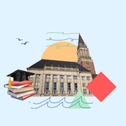 Das Rathaus von Kiel mit einem Doktorhut und einem Stapel Bücher