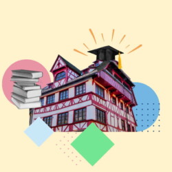 Ein historisches Haus in der Nürnberger Altstadt mit einem Doktorhut und einem Stapel Bücher