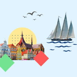 Das Stadtzentrum von Rostock und ein Segelschiff