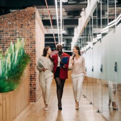 Drei Frauen gehen lachend nebeneinander im Flur eines Büros mit Pflanzen und Glastüren [pexels.com]