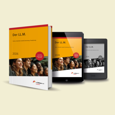 Mockup des Buchs 'Der LL.M. 2026' von e-fellows.net mit Infos zu LL.M.-Studium: Nutzen, Auswahl, Bewerbung, Finanzierung. Verfügbar als Buch, Tablet- und Kindle-Version.