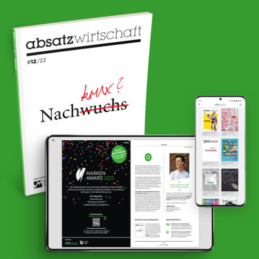 Darstellung der Monatszeitschrift absatzwirtschaft als Print und digital auf Smartphone und Tablet.