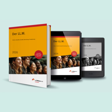 Mockup des Buches 'Der LL.M. 2026' von e-fellows.net mit Infos zu LL.M.-Studium: Nutzen, Auswahl, Bewerbung, Finanzierung. Verfügbar als Buch, Tablet- und Kindle-Version.