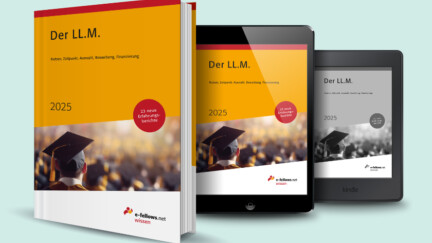 Mockup des Buches 'Der LL.M. 2025' von e-fellows.net mit Infos zu LL.M.-Studium: Nutzen, Auswahl, Bewerbung, Finanzierung. Verfügbar als Buch, Tablet- und Kindle-Version.