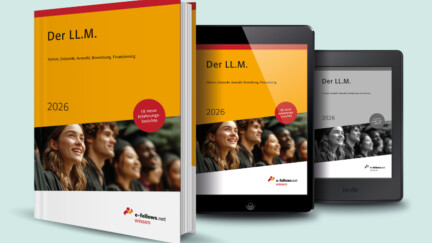 Mockup des Buches 'Der LL.M. 2026' von e-fellows.net mit Infos zu LL.M.-Studium: Nutzen, Auswahl, Bewerbung, Finanzierung. Verfügbar als Buch, Tablet- und Kindle-Version.