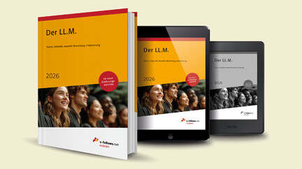 Mockup des Buches 'Der LL.M. 2026' von e-fellows.net mit Infos zu LL.M.-Studium: Nutzen, Auswahl, Bewerbung, Finanzierung. Verfügbar als Buch, Tablet- und Kindle-Version.