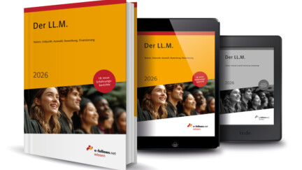 Mockup des Buches 'Der LL.M. 2026' von e-fellows.net mit Infos zu LL.M.-Studium: Nutzen, Auswahl, Bewerbung, Finanzierung. Verfügbar als Buch, Tablet- und Kindle-Version.