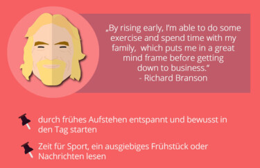Stilisierte Darstellung von Richard Bransons Gesicht.
Text: "By rising early, I'm able to do some exercise and spend time with my family, which puts me in a great mind frame before getting down to business." Richard Branson
- durch frühes Aufstehen entspannt und bewusst in den Tag starten
- Zeit für Sport, ein ausgiebiges Frühstück oder Nachrichten lesen