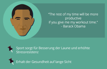 Stilisiertes Gesicht von Barack Obama.
Text: "The rest of my time will be more productive if you give me my workout time." - Barack Obama
- Sport sorgt für Besserung der Laune und erhöhte Stressresistenz
- Erhalt der Gesundheit auf lange Sicht