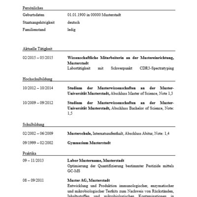 Lebenslauf Muster CV Naturwissenschaften Bewerbung [Quelle: e-fellows.net]