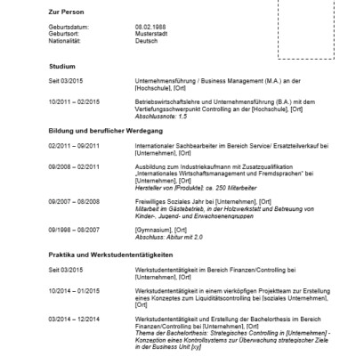 Lebenslauf CV Musterlebenslauf Muster Bewerbung [Quelle: e-fellows.net]