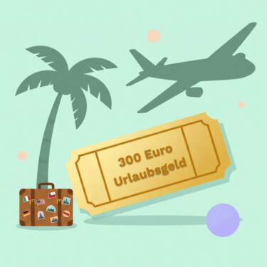 Eine Palme, ein Koffer, ein Flugzeug und ein goldenes Ticket mit der Aufschrift "300 Euro Urlaubsgeld"