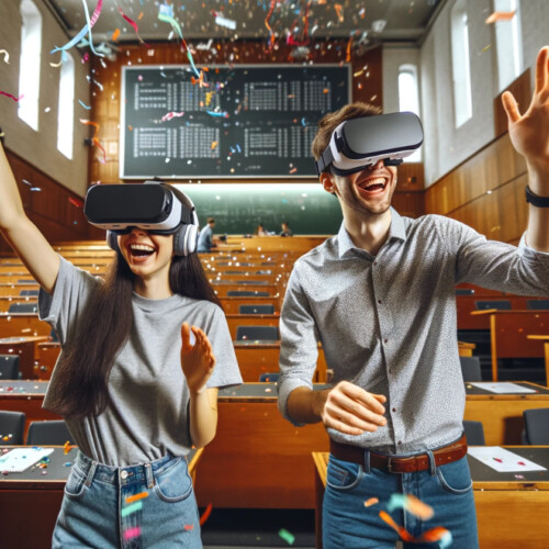 Eine Studentin und ein Student stehen im Hörsaal. Beide haben eine VR-Brille auf. Ringsherum fliegt Konfetti.