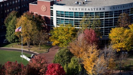 Ein Gebäude der Northeastern University School of Law mit bunten Bäumen auf dem Campus.