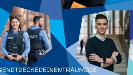 Eine Collage aus vier Bildern mit Menschen in verschiedenen Haltungen und Klamotten. Außerdem der Hashtag #entdeckedeinentraumjob