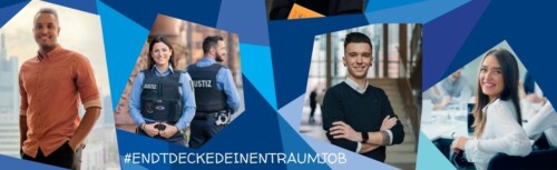 Eine Collage aus vier Bildern mit Menschen in verschiedenen Haltungen und Klamotten. Außerdem der Hashtag #entdeckedeinentraumjob