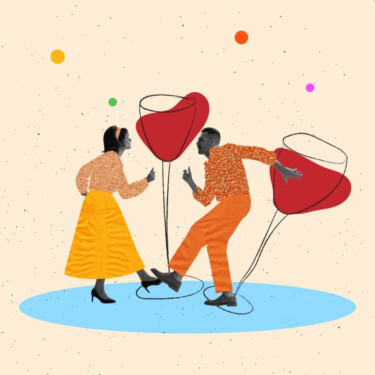 Ein Paar tanzt ausgelassen neben zwei stilisierten personengroßen Weingläsern.