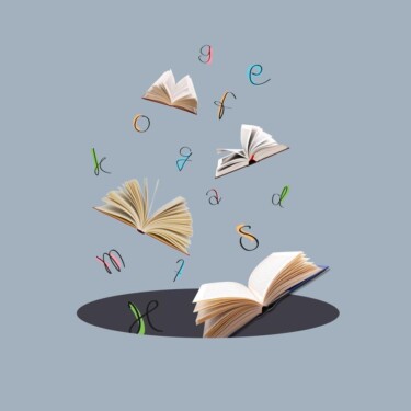 Mehrere offene Bücher sind von Buchstaben umziengelt