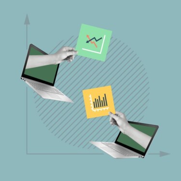 Zwei Computer, aus denen Hände mit Diagrammen heraus kommen, sind selber in einem Diagramm