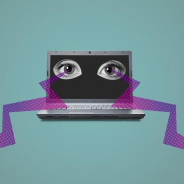 Ein Laptop, auf dessen Bildschirm zwei freigestellte Augen inmitten einer schwarzen Fläche zu sehen sind. Von den Augen gehen Blitze aus.