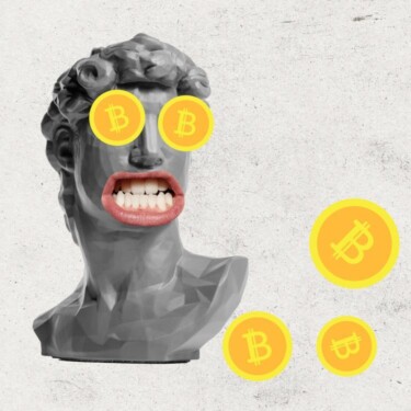 Ein Kopf, der an eine griechische Statue erinnert. Die Augen sind durch Münzen verdeckt, und der Mund durch ein freigestelltes Foto eines menschlichen Mundes mit gefletschten Zähnen.