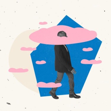 Ein Mann geht voran. Er ist umgeben von kleinen rosa Wolken, und sein Kopf steckt in einer großen rosa Wolke.