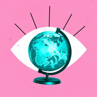 Ein Globus, der die Iris und Pupille eines stilisierten Auges ersetzt.