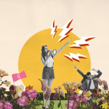 Eine Frau ruft mit erhobener Hand in ein Megafon. Neben ihr ein knieender Mann, der ihr augenscheinlich zustimmt. Im Vordergrund sind Blumen und eine Flagge mit Venus-Symbol.