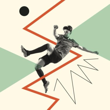 Person befindet sich in der Luft in Rückenlage und kickt einen Fußball. Im Hintergrund Zacken und Dreiecke.