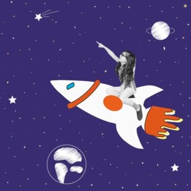 Mädchen sitzt auf einer Rakete im Weltall und zeigt freudig auf einen Stern.