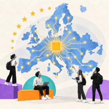 Vier junge Menschen sehen auf eine Europa-Karte, auf der ein Computer-Chip installiert ist.