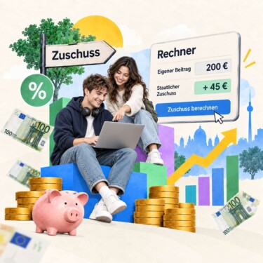 Zwei junge Leute sitzen auf einem Balkendiagramm. Im Hintergrund ist ein Rechner zu sehen.