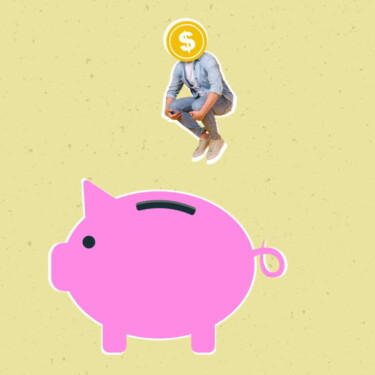 Person springt in ein Sparschwein. Der Kopf der Person wurde durch eine Münze ersetzt.