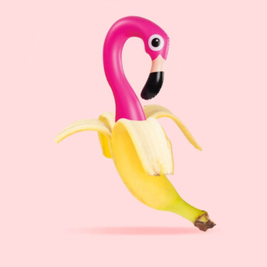 Eine halb geschälte Banane, wobei das innere der Banane durch den Kopf eines aufgeblasenen Pelikan-Gummitiers ersetzt ist.
