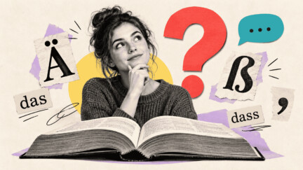 Collage einer nachdenklichen jungen Frau hinter einem aufgeschlagenen Buch, umgeben von einem roten Fragezeichen, den Buchstaben Ä und ß sowie den Wörtern "das" und "dass".