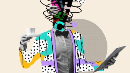 Person hat anstelle eines Kopfes einen Wirbelsturm