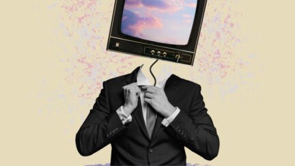 Anstelle eines Kopfes hat der Mann einen Fernseher [© Julia – stock.adobe.com]