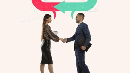 Eine Frau und ein Mann schütteln sich die Hände. Über ihren Köpfen ist ein Kreislauf abgebildet. Sie tauschen sich aus.