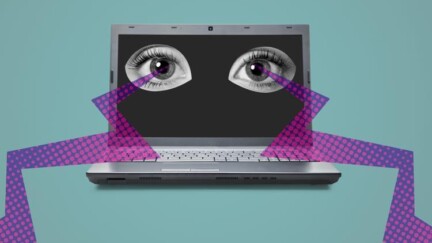 Ein Laptop, auf dessen Bildschirm zwei freigestellte Augen inmitten einer schwarzen Fläche zu sehen sind. Von den Augen gehen Blitze aus.